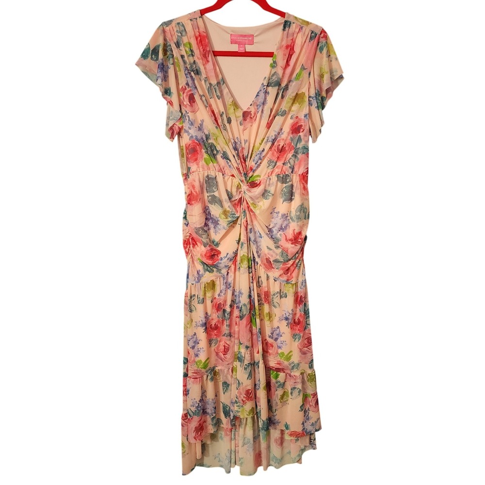 Isaac Mizrahi Garden Fairy Pink‎ Floral Twist Dress Front Tiered High Low MP